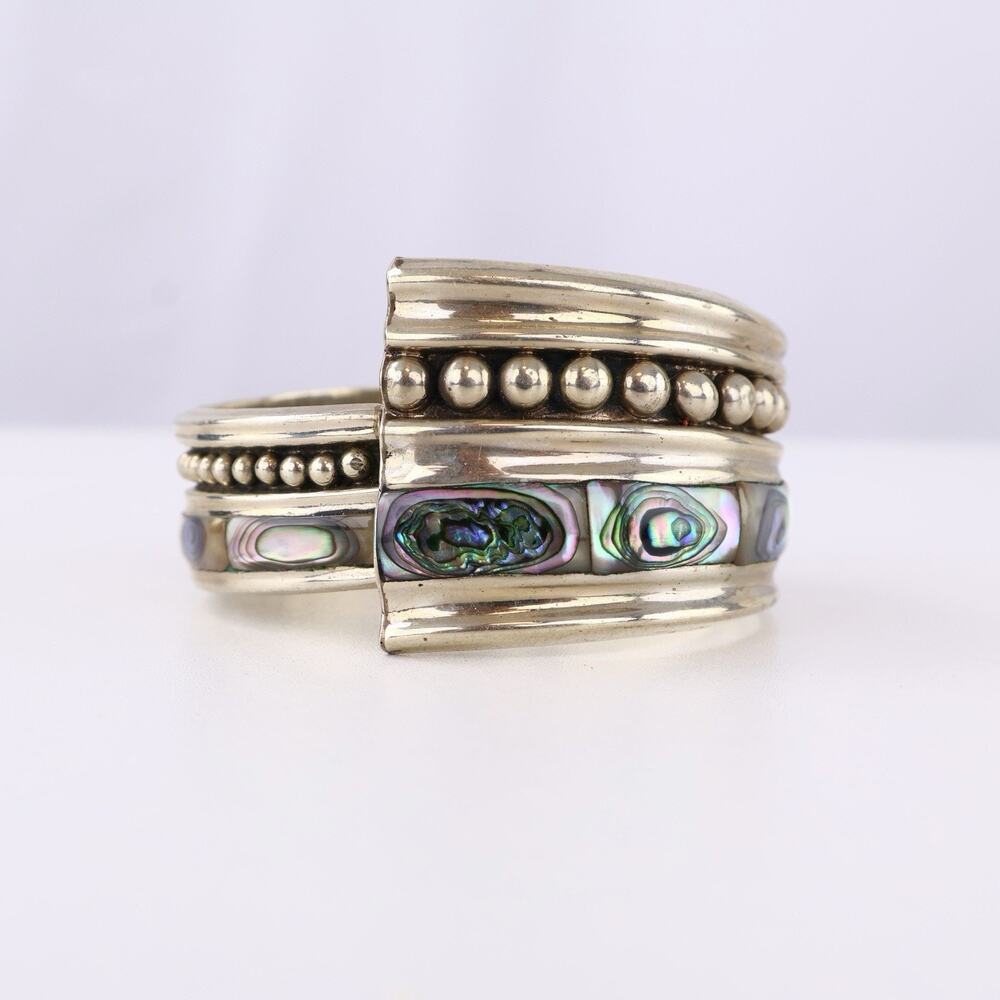 Vintage Alpaca Mexico Abalone Inlay Hinge Cuff Bracelet Silver Tone Wide Bangle